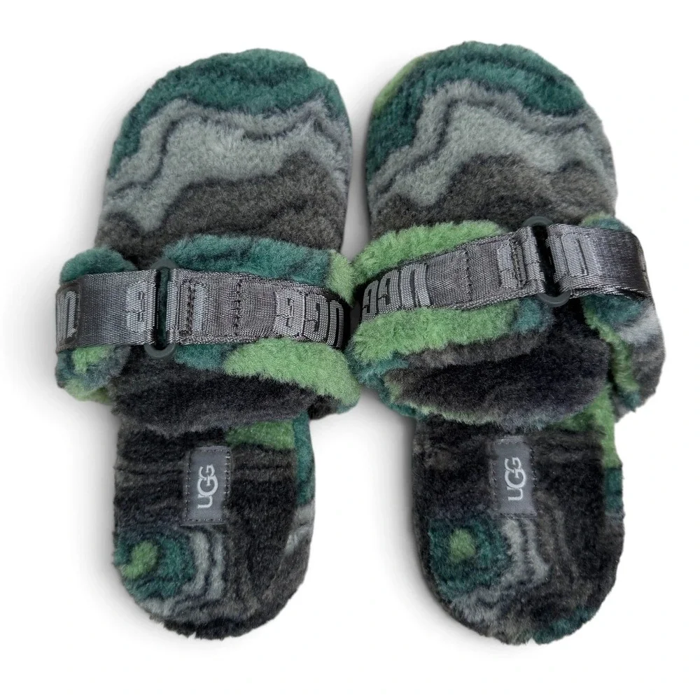UGG Fluff It Slippers Mens 6 Women 8 Burnt Olive Camo Topo Slides 1134110
